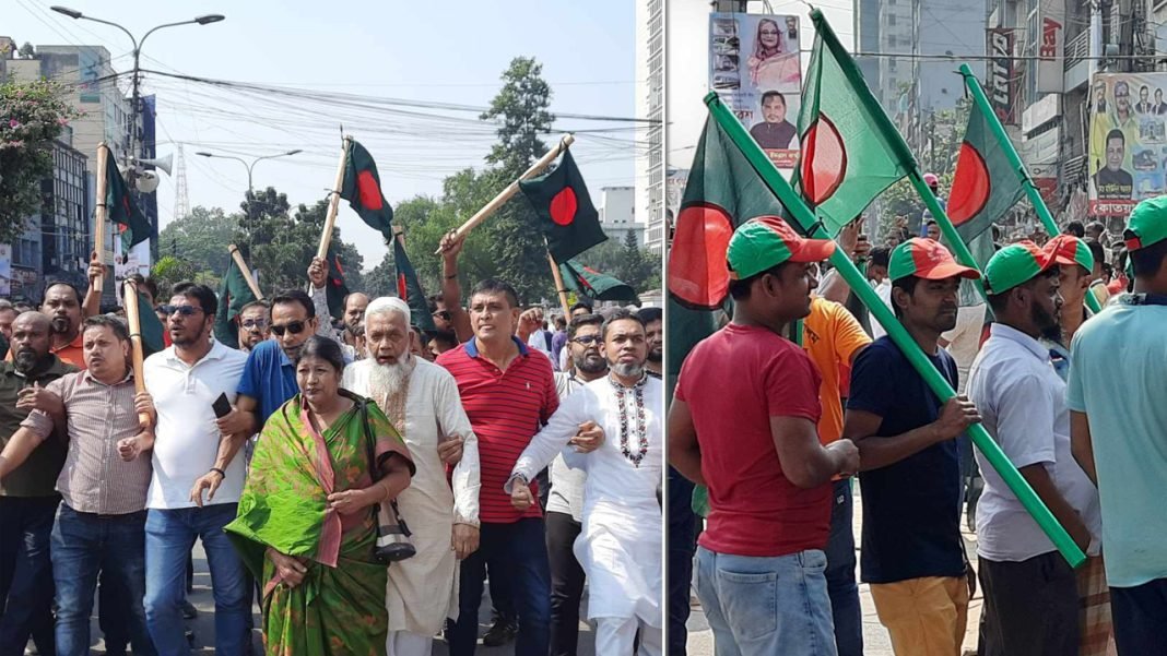 ক্রিকেট স্ট্যাম্পে পতাকা, লাঠি হাতে শান্তি সমাবেশে আওয়ামী লীগের নেতাকর্মীরা