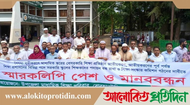 বোরহানউদ্দিনে বেসরকারি মাধ্যমিক শিক্ষকদের মানববন্ধন অনুষ্ঠিত
