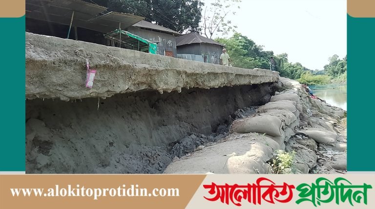 ঘিওর গরুহাটা সড়কের নিচের মাটি ধ্বসে যাচ্ছে নদীতে, কুস্তা নদীর উপর ডাইভারশন রাস্তা না থাকায় দুর্ভোগ 