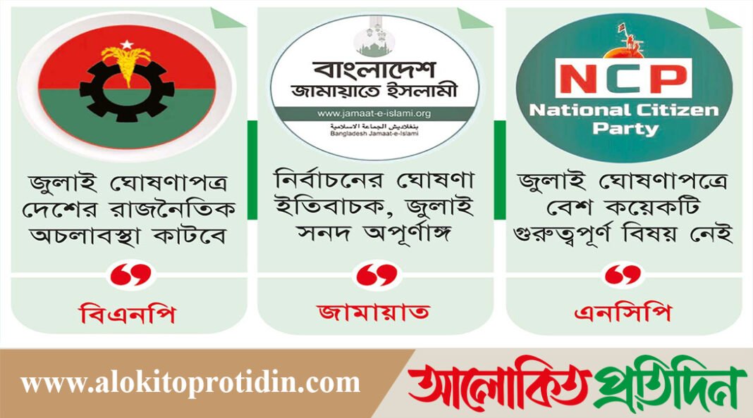 জুলাই ঘোষণাপত্র ও নির্বাচন নিয়ে রাজনৈতিকদলের প্রতিক্রিয়া স্বাগত, ইতিবাচক, হতাশা